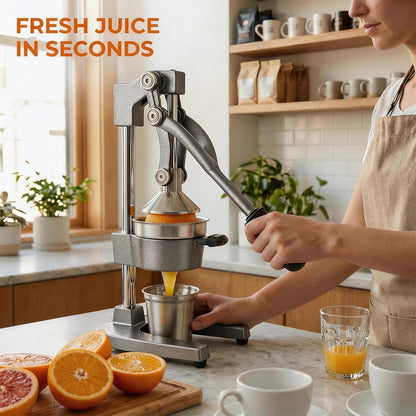 Cast Iron Citrus Juicer Hand Press, Heavy Duty Manual Orange Juicer Squeezer with 304 Stainless Steel Cup & Strainer, Lemon Grapefruit Pomegranate Press, Grey