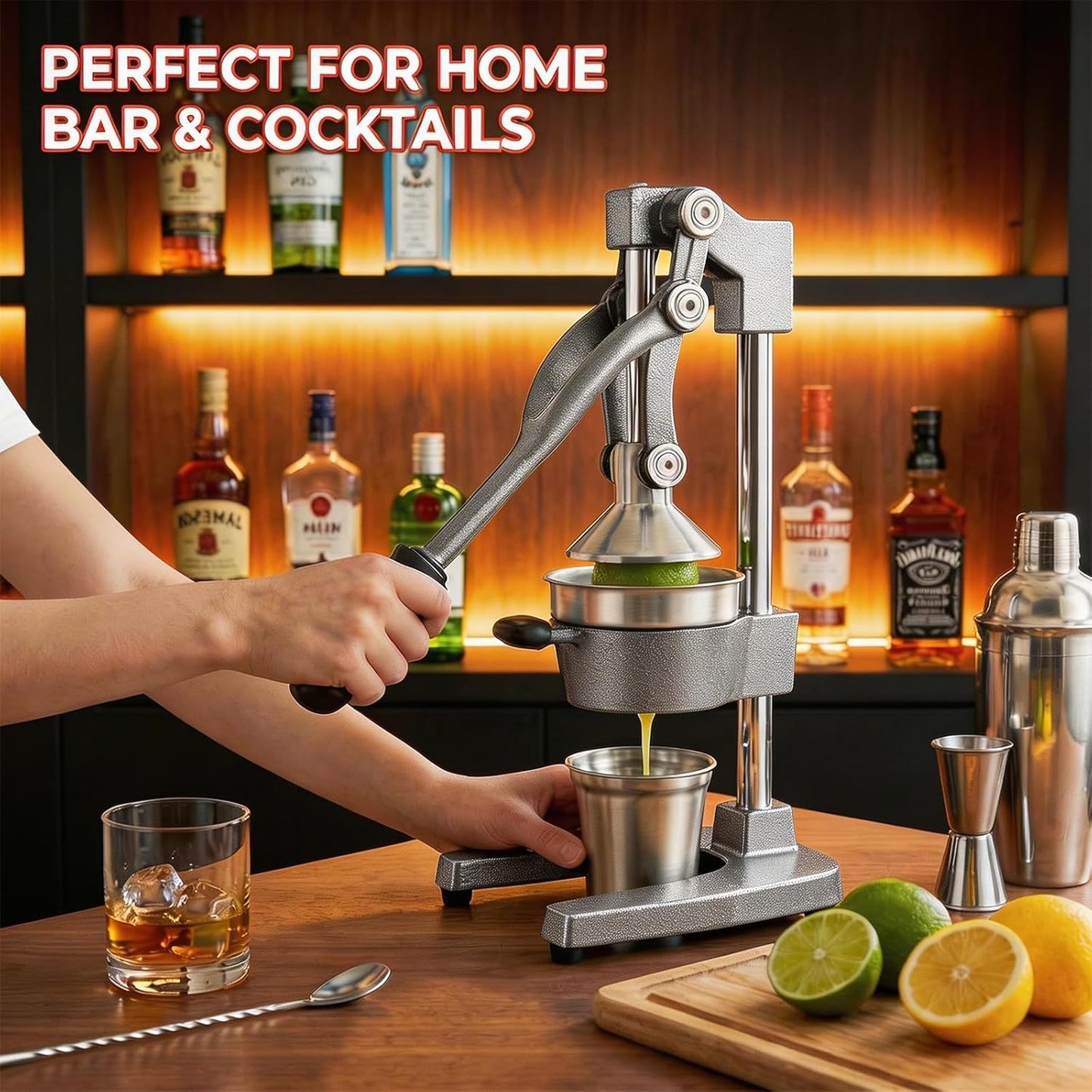 Cast Iron Citrus Juicer Hand Press, Heavy Duty Manual Orange Juicer Squeezer with 304 Stainless Steel Cup & Strainer, Lemon Grapefruit Pomegranate Press, Grey