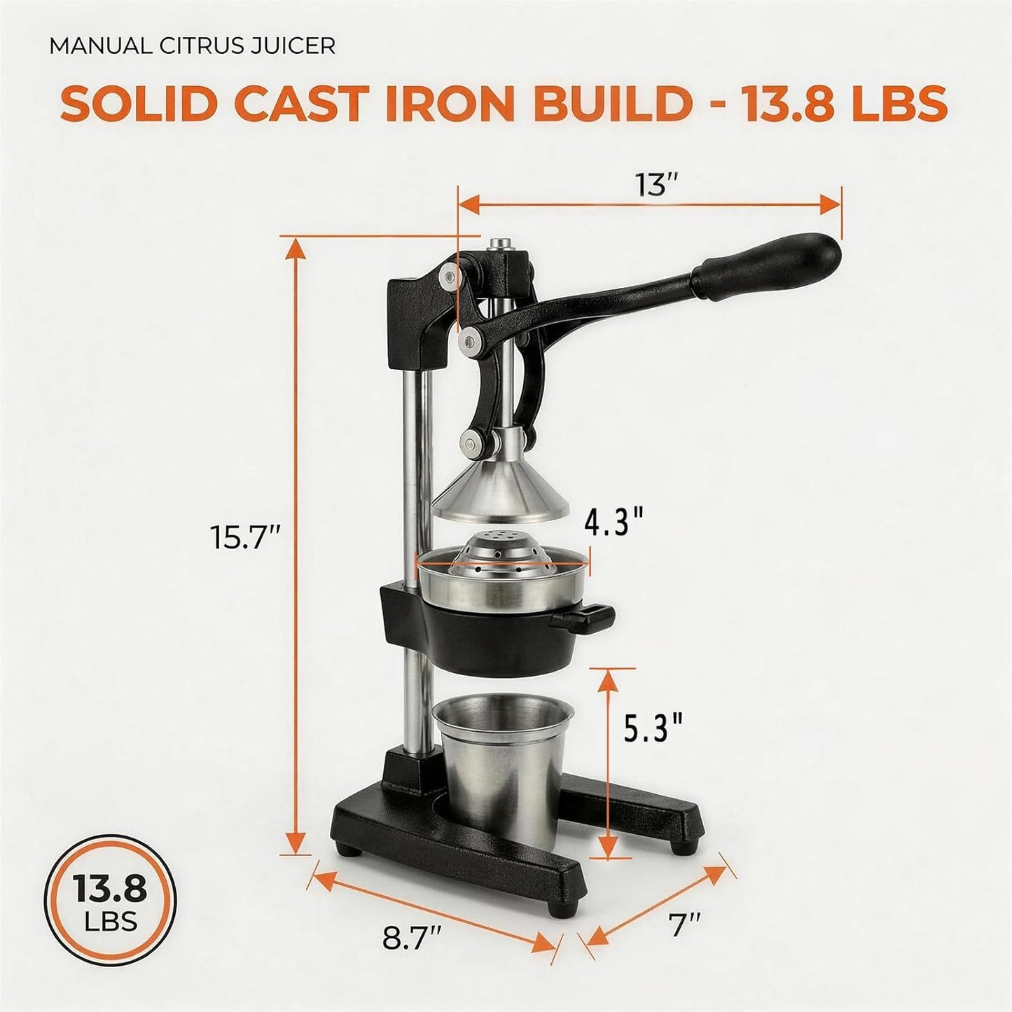 Cast Iron Citrus Juicer Hand Press, Heavy Duty Manual Orange Juicer Squeezer with 304 Stainless Steel Cup & Strainer, Lemon Grapefruit Pomegranate Press, Grey