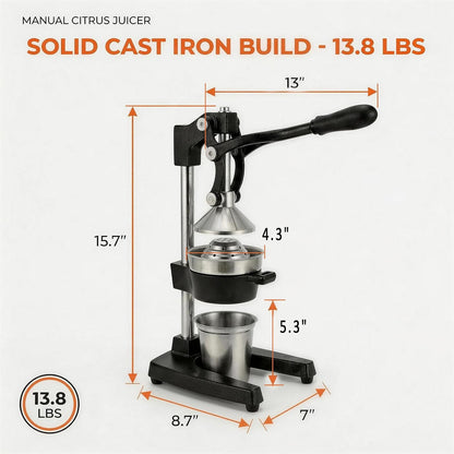 Cast Iron Citrus Juicer Hand Press, Heavy Duty Manual Orange Juicer Squeezer with 304 Stainless Steel Cup & Strainer, Lemon Grapefruit Pomegranate Press, Grey