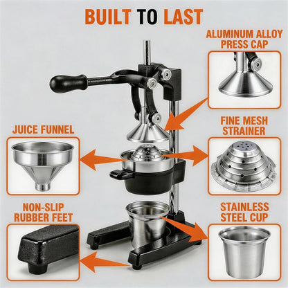 Cast Iron Citrus Juicer Hand Press, Heavy Duty Manual Orange Juicer Squeezer with 304 Stainless Steel Cup & Strainer, Lemon Grapefruit Pomegranate Press, Grey