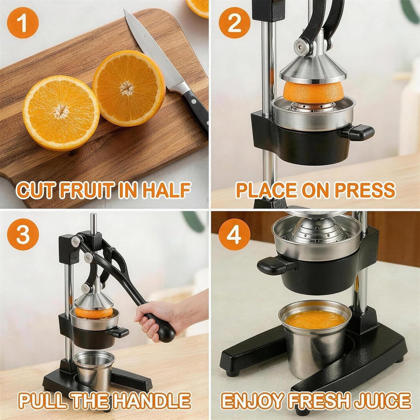 Cast Iron Citrus Juicer Hand Press, Heavy Duty Manual Orange Juicer Squeezer with 304 Stainless Steel Cup & Strainer, Lemon Grapefruit Pomegranate Press, Grey