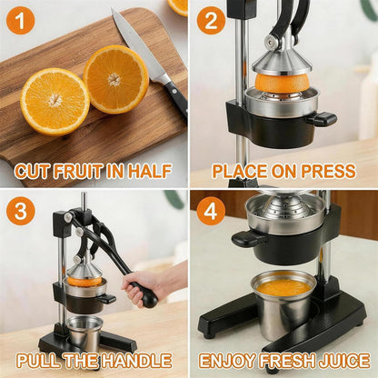 Cast Iron Citrus Juicer Hand Press, Heavy Duty Manual Orange Juicer Squeezer with 304 Stainless Steel Cup & Strainer, Lemon Grapefruit Pomegranate Press, Grey