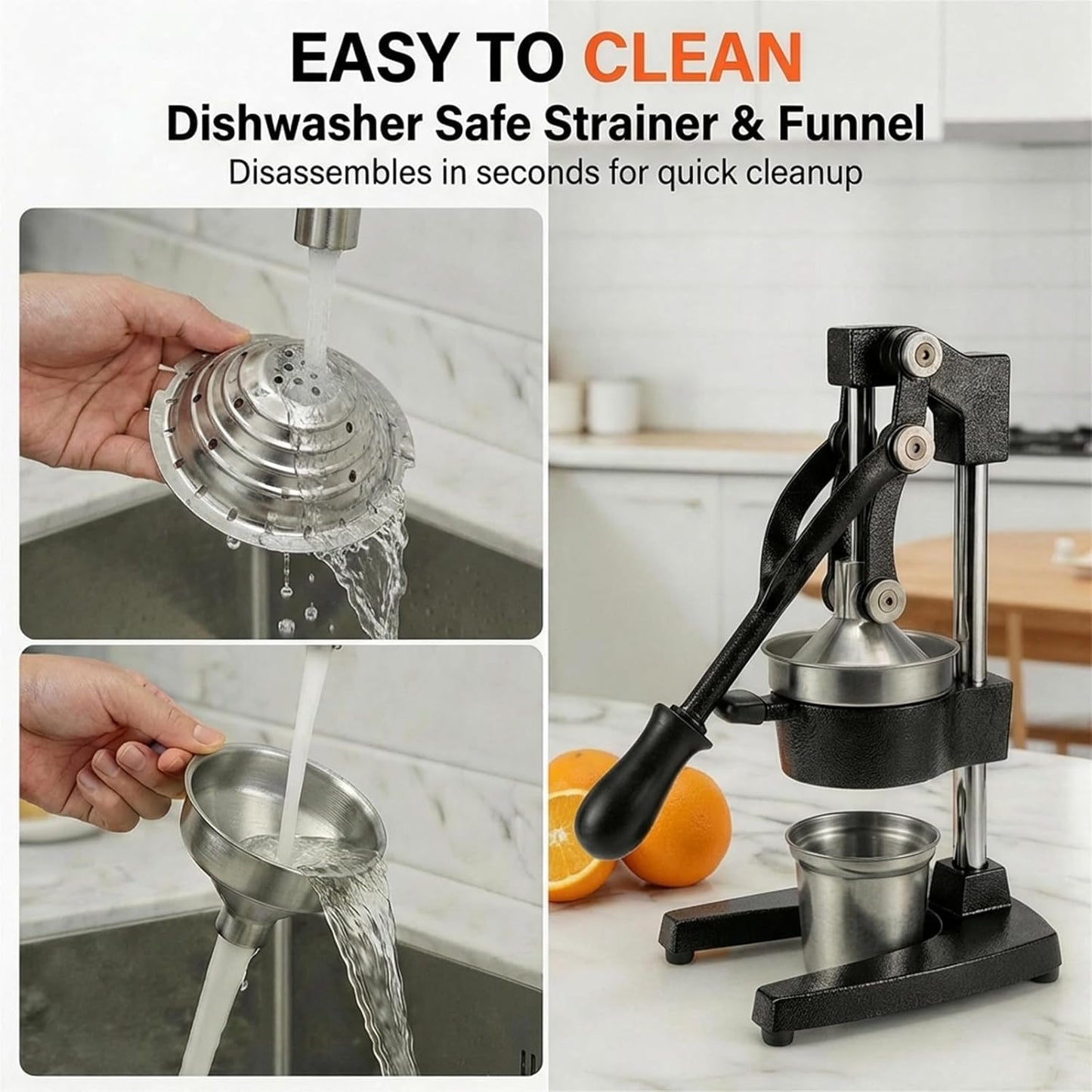 Cast Iron Citrus Juicer Hand Press, Heavy Duty Manual Orange Juicer Squeezer with 304 Stainless Steel Cup & Strainer, Lemon Grapefruit Pomegranate Press, Grey