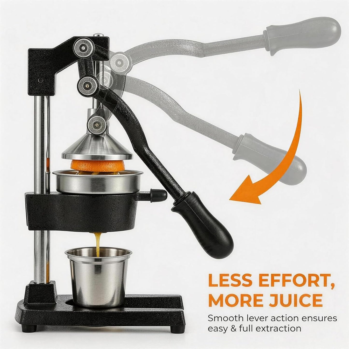 Cast Iron Citrus Juicer Hand Press, Heavy Duty Manual Orange Juicer Squeezer with 304 Stainless Steel Cup & Strainer, Lemon Grapefruit Pomegranate Press, Grey