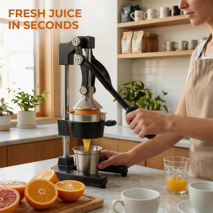 Cast Iron Citrus Juicer Hand Press, Heavy Duty Manual Orange Juicer Squeezer with 304 Stainless Steel Cup & Strainer, Lemon Grapefruit Pomegranate Press, Grey