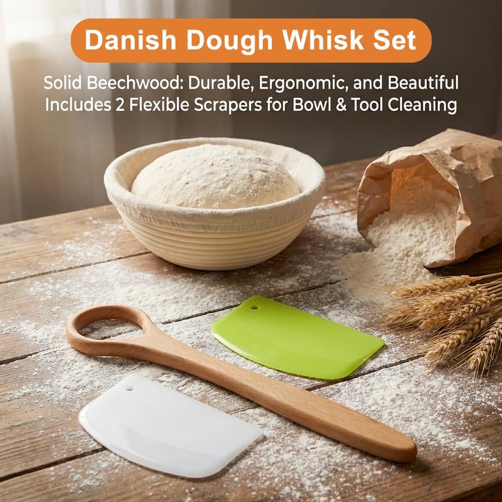 13 Inch Wooden Danish Dough Whisk, Sourdough Mixer, Durable Dough Stirring Tool for Baking, Pastry, Pizza, Egg, Ideal for Home Kitchens & Professional Bakers