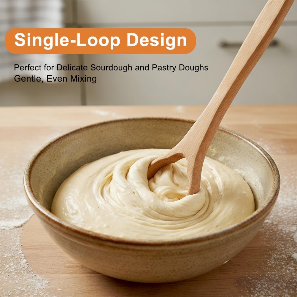 13 Inch Wooden Danish Dough Whisk, Sourdough Mixer, Durable Dough Stirring Tool for Baking, Pastry, Pizza, Egg, Ideal for Home Kitchens & Professional Bakers