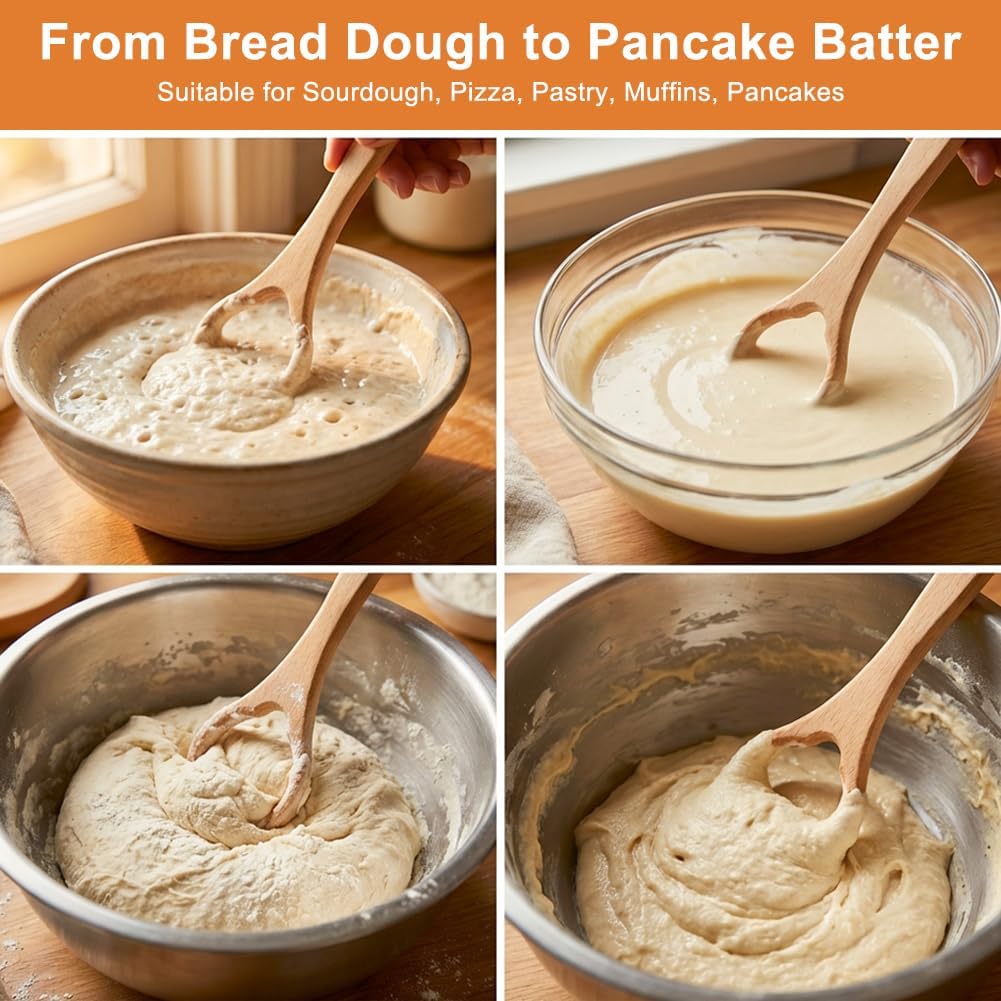 13 Inch Wooden Danish Dough Whisk, Sourdough Mixer, Durable Dough Stirring Tool for Baking, Pastry, Pizza, Egg, Ideal for Home Kitchens & Professional Bakers