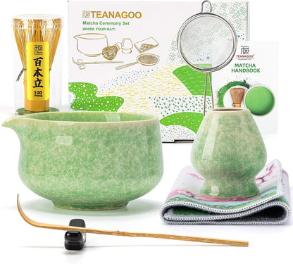 Matcha Whisk Set,7 Pcs Matcha Set Green,Ceremony Matcha Kit,Matcha Tea Set for Making Latte,Ceramic Bowl(chawan) whith Spout and Whisk,Gift for Matcha Lovers