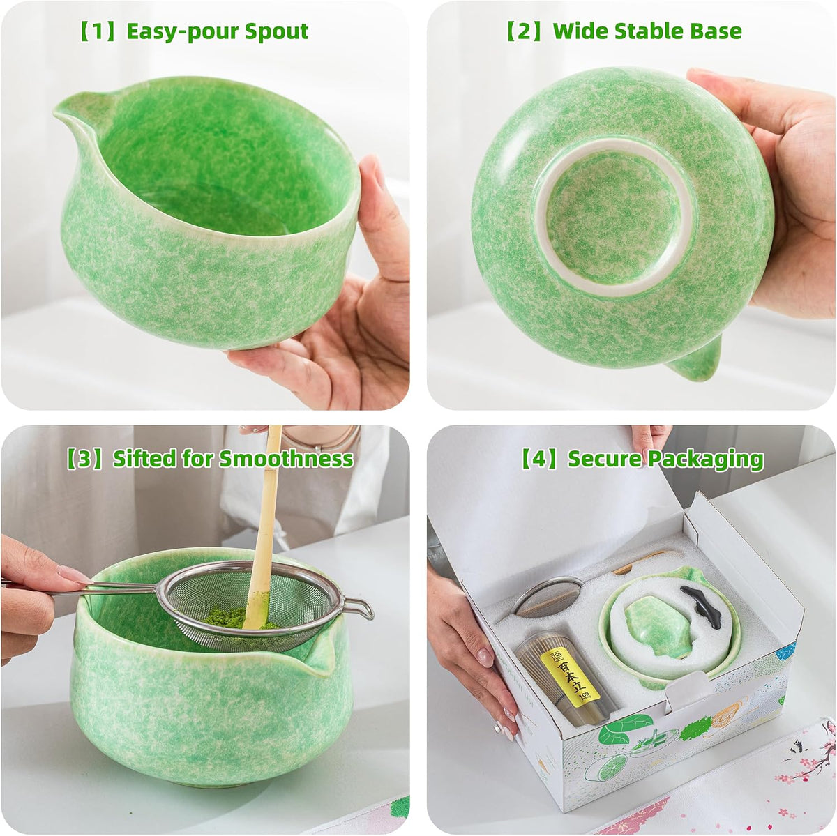 Matcha Whisk Set,7 Pcs Matcha Set Green,Ceremony Matcha Kit,Matcha Tea Set for Making Latte,Ceramic Bowl(chawan) whith Spout and Whisk,Gift for Matcha Lovers