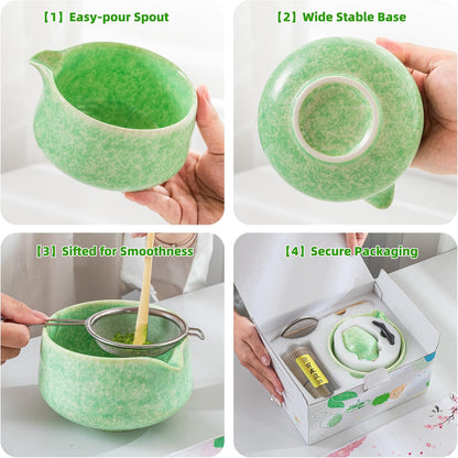 Matcha Whisk Set,7 Pcs Matcha Set Green,Ceremony Matcha Kit,Matcha Tea Set for Making Latte,Ceramic Bowl(chawan) whith Spout and Whisk,Gift for Matcha Lovers