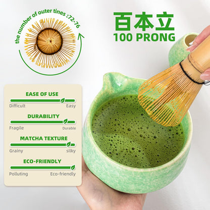 Matcha Whisk Set,7 Pcs Matcha Set Green,Ceremony Matcha Kit,Matcha Tea Set for Making Latte,Ceramic Bowl(chawan) whith Spout and Whisk,Gift for Matcha Lovers