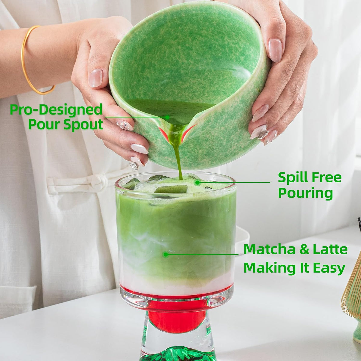 Matcha Whisk Set,7 Pcs Matcha Set Green,Ceremony Matcha Kit,Matcha Tea Set for Making Latte,Ceramic Bowl(chawan) whith Spout and Whisk,Gift for Matcha Lovers