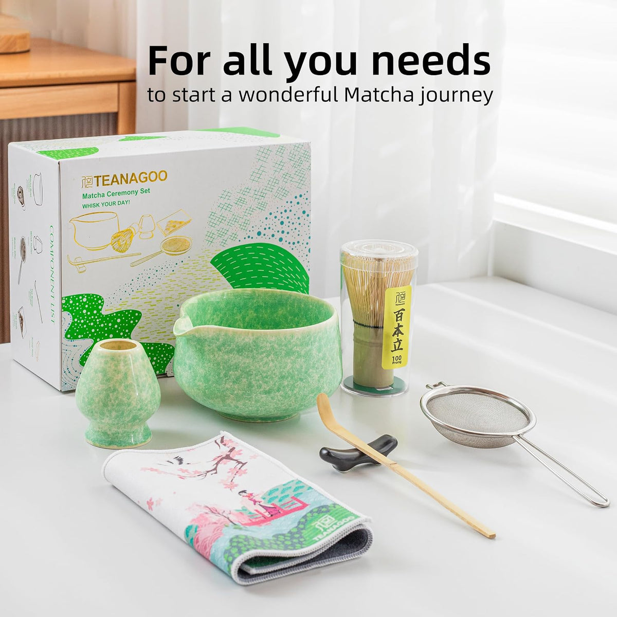 Matcha Whisk Set,7 Pcs Matcha Set Green,Ceremony Matcha Kit,Matcha Tea Set for Making Latte,Ceramic Bowl(chawan) whith Spout and Whisk,Gift for Matcha Lovers