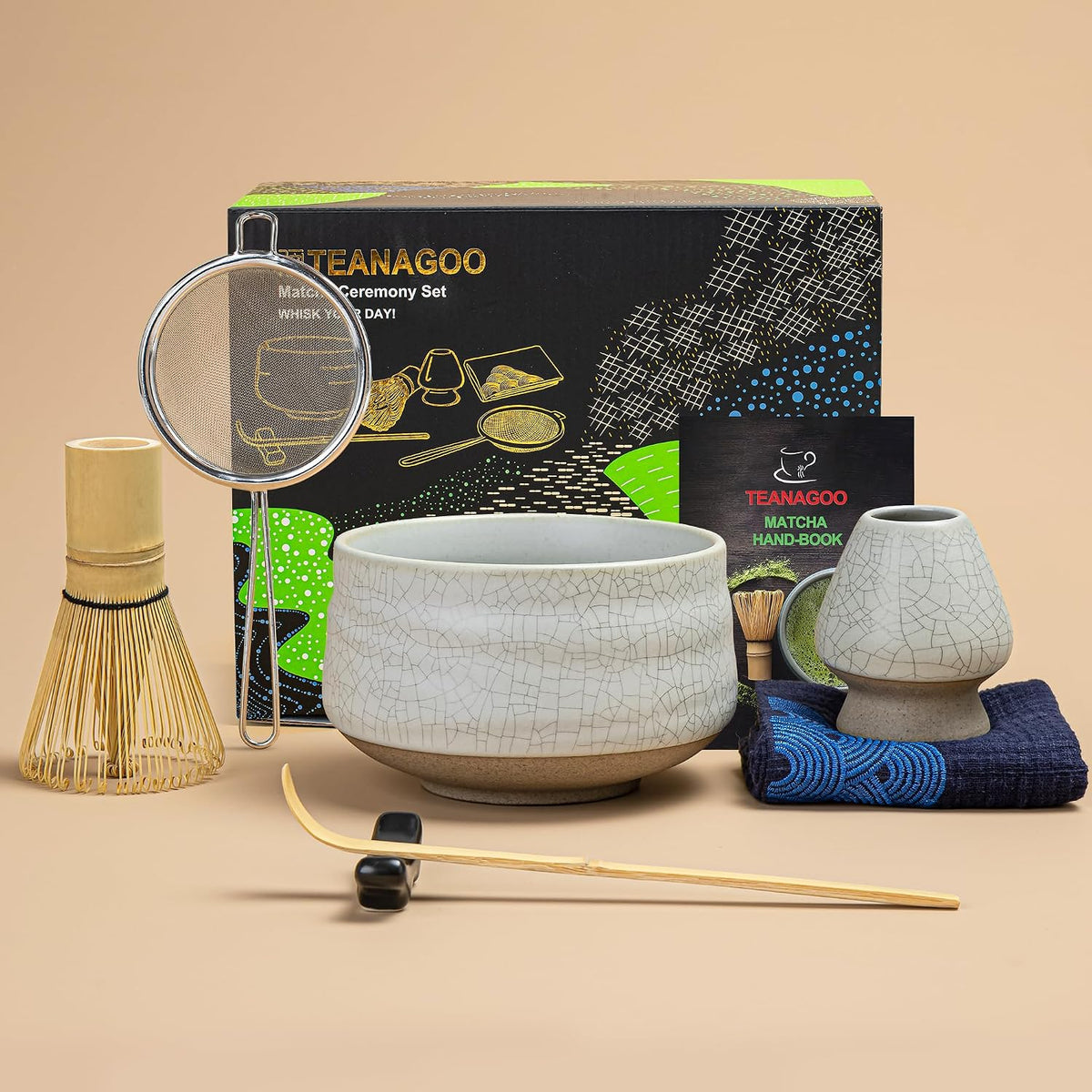 Matcha Whisk Set,7 Pcs Matcha Set Green,Ceremony Matcha Kit,Matcha Tea Set for Making Latte,Ceramic Bowl(chawan) whith Spout and Whisk,Gift for Matcha Lovers
