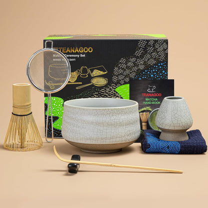 Matcha Whisk Set,7 Pcs Matcha Set Green,Ceremony Matcha Kit,Matcha Tea Set for Making Latte,Ceramic Bowl(chawan) whith Spout and Whisk,Gift for Matcha Lovers
