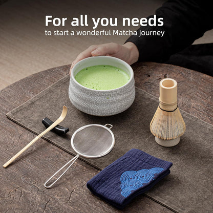 Matcha Whisk Set,7 Pcs Matcha Set Green,Ceremony Matcha Kit,Matcha Tea Set for Making Latte,Ceramic Bowl(chawan) whith Spout and Whisk,Gift for Matcha Lovers