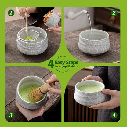 Matcha Whisk Set,7 Pcs Matcha Set Green,Ceremony Matcha Kit,Matcha Tea Set for Making Latte,Ceramic Bowl(chawan) whith Spout and Whisk,Gift for Matcha Lovers