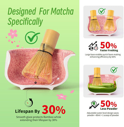 Matcha Whisk Set,7 Pcs Matcha Set Green,Ceremony Matcha Kit,Matcha Tea Set for Making Latte,Ceramic Bowl(chawan) whith Spout and Whisk,Gift for Matcha Lovers