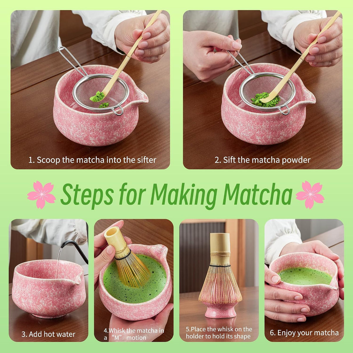 Matcha Whisk Set,7 Pcs Matcha Set Green,Ceremony Matcha Kit,Matcha Tea Set for Making Latte,Ceramic Bowl(chawan) whith Spout and Whisk,Gift for Matcha Lovers