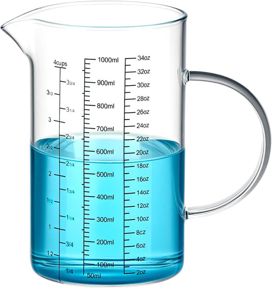 34OZ/1000ML Glass Measuring Cup (Ml/Oz/Cup), 4 Cups Multi-Purpose Kitchen Tool with V-Shaped Spout & Handle