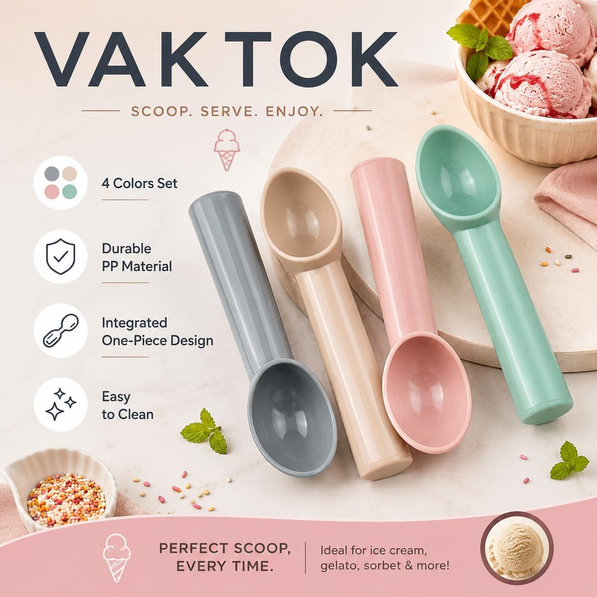 Xhziy 4 Pack Plastic Ice Cream Scoop, Small Fruit Baller for Watermelon | 7.09 x 1.18 Inch Polypropylene Design; Smooth Curved Bowl; Easy-Clean One-Piece Build; 4 Colors for Sorbet and Cupcakes