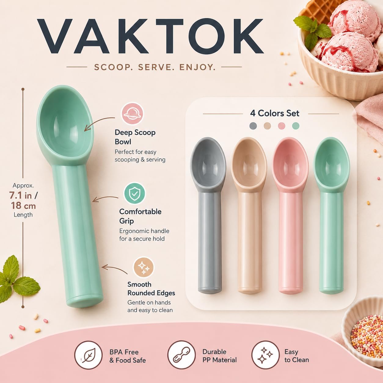 Xhziy 4 Pack Plastic Ice Cream Scoop, Small Fruit Baller for Watermelon | 7.09 x 1.18 Inch Polypropylene Design; Smooth Curved Bowl; Easy-Clean One-Piece Build; 4 Colors for Sorbet and Cupcakes