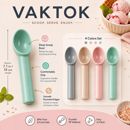 Xhziy 4 Pack Plastic Ice Cream Scoop, Small Fruit Baller for Watermelon | 7.09 x 1.18 Inch Polypropylene Design; Smooth Curved Bowl; Easy-Clean One-Piece Build; 4 Colors for Sorbet and Cupcakes