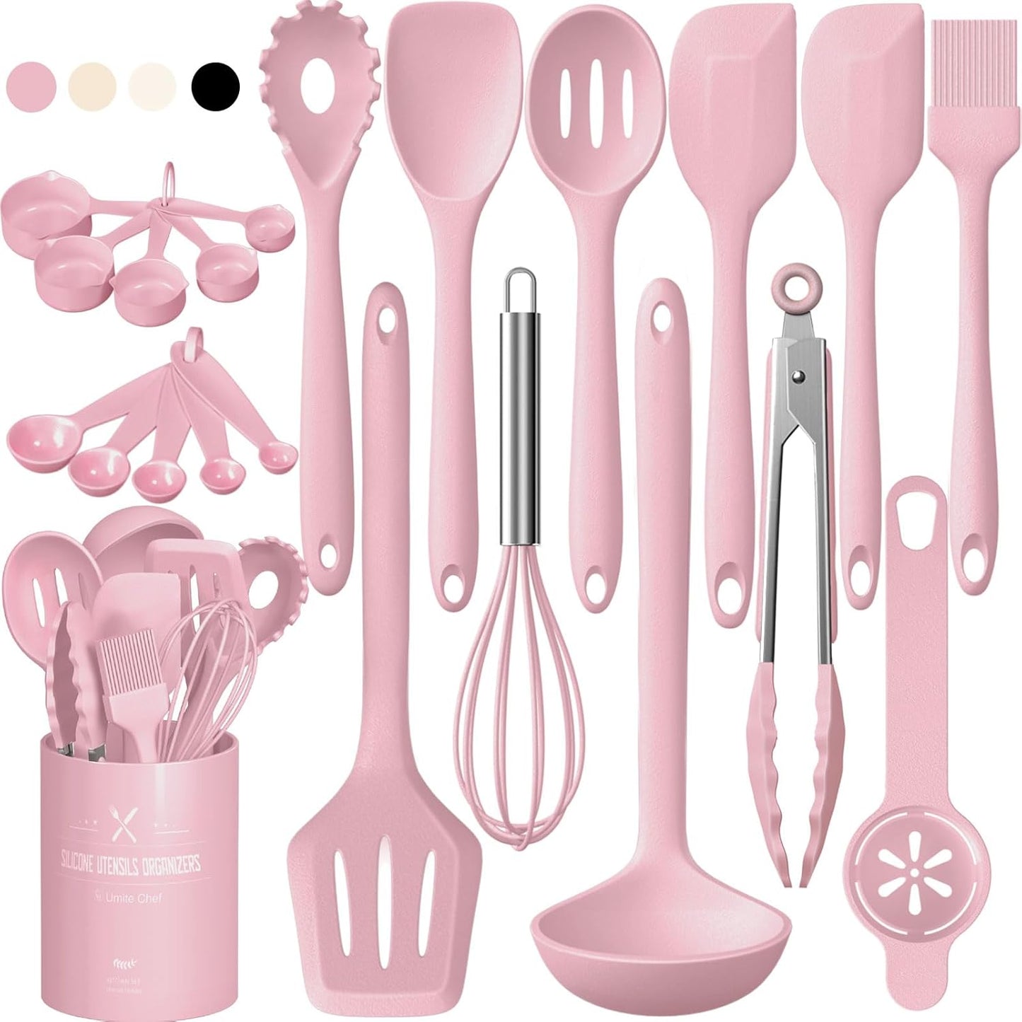 22-Piece Silicone Cooking Utensils Set, Heat Resistant & Dishwasher Safe Kitchen Tools, Non-Scratch Spatula Set for Nonstick Cookware (Pink)