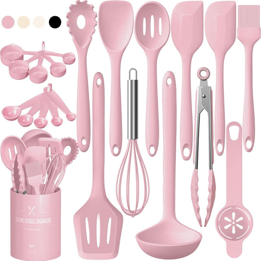 22-Piece Silicone Cooking Utensils Set, Heat Resistant & Dishwasher Safe Kitchen Tools, Non-Scratch Spatula Set for Nonstick Cookware (Pink)