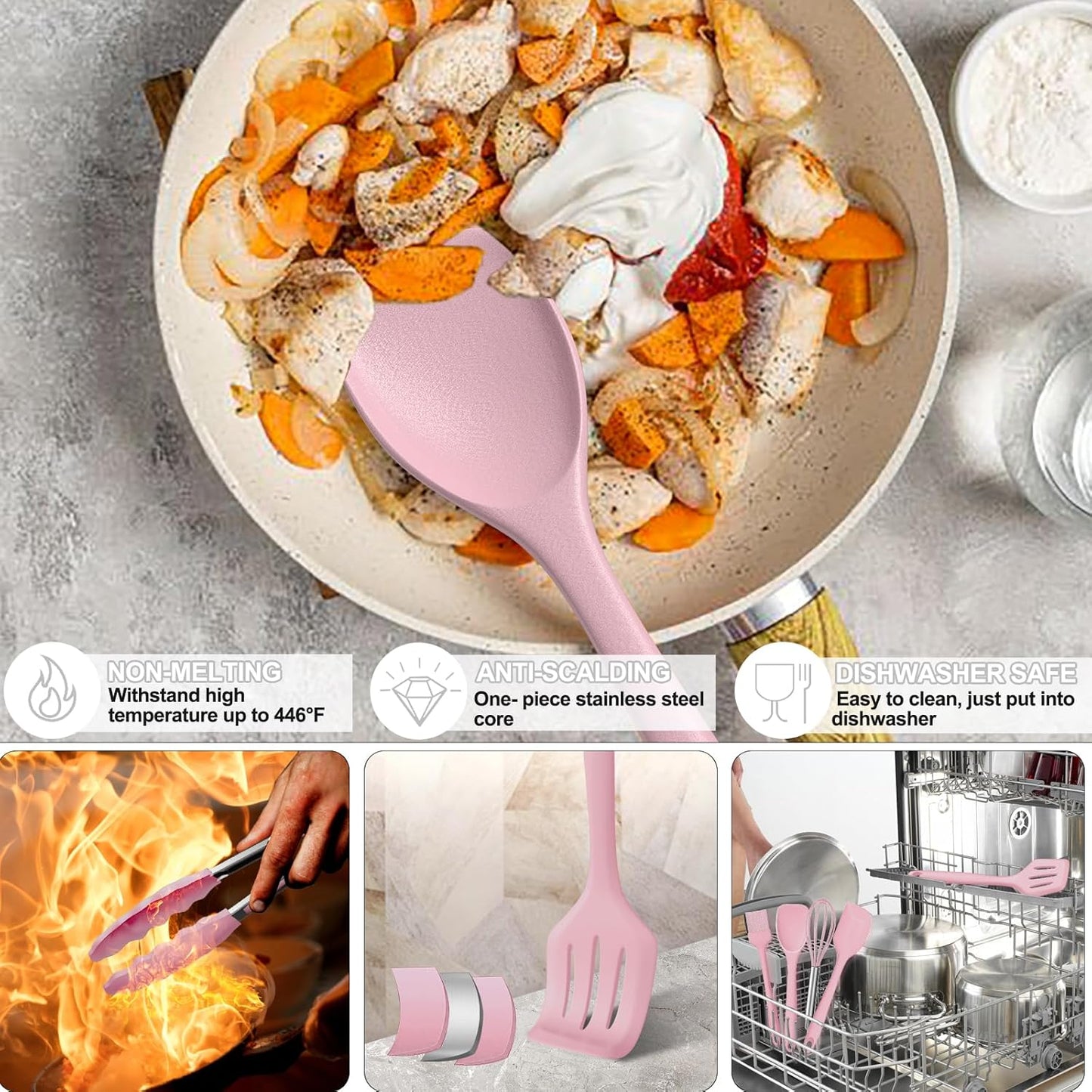 22-Piece Silicone Cooking Utensils Set, Heat Resistant & Dishwasher Safe Kitchen Tools, Non-Scratch Spatula Set for Nonstick Cookware (Pink)