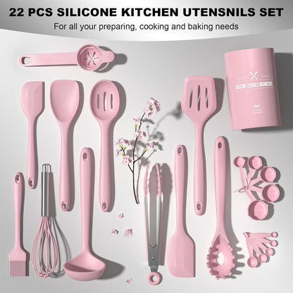 22-Piece Silicone Cooking Utensils Set, Heat Resistant & Dishwasher Safe Kitchen Tools, Non-Scratch Spatula Set for Nonstick Cookware (Pink)