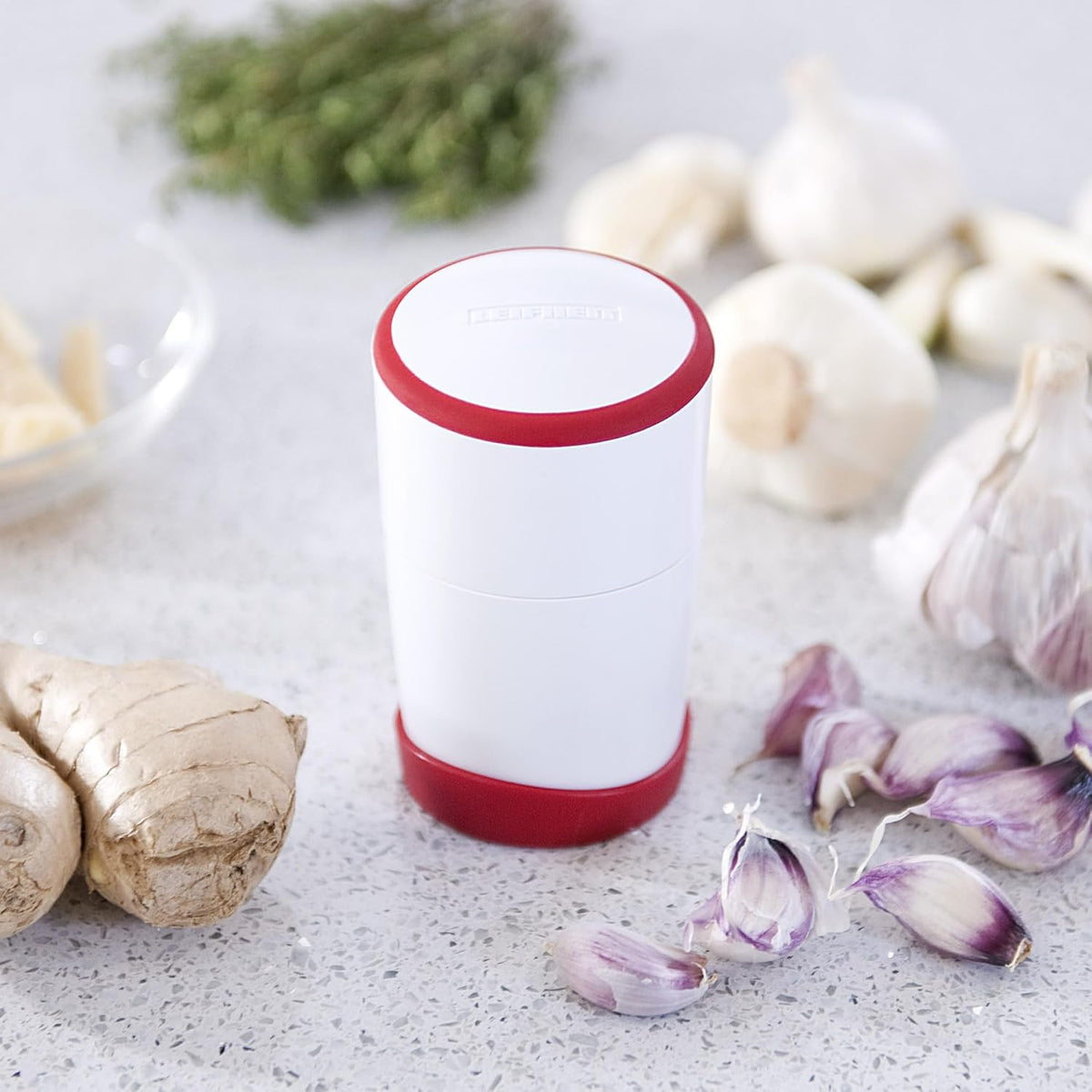Gourmet Garlic Slicer, Stainless Steel Blades, ABS Plastic Body, Twist-to-Slice Design, Safe for Garlic, Ginger, Cheese, Chocolate, Dishwasher Safe, German Quality, White/Red