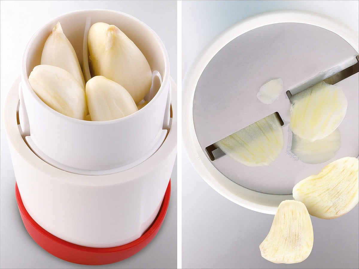 Gourmet Garlic Slicer, Stainless Steel Blades, ABS Plastic Body, Twist-to-Slice Design, Safe for Garlic, Ginger, Cheese, Chocolate, Dishwasher Safe, German Quality, White/Red