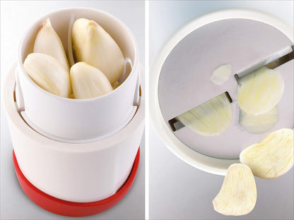 Gourmet Garlic Slicer, Stainless Steel Blades, ABS Plastic Body, Twist-to-Slice Design, Safe for Garlic, Ginger, Cheese, Chocolate, Dishwasher Safe, German Quality, White/Red
