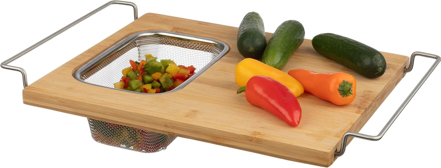 Cutting Board with Strainer - 2 in 1 Adjustable Bamboo Chopping Board with Removable Stainless Steel Colander for Over the Sink