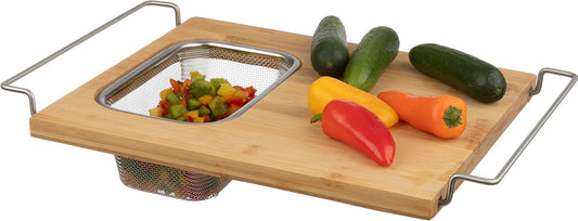 Cutting Board with Strainer - 2 in 1 Adjustable Bamboo Chopping Board with Removable Stainless Steel Colander for Over the Sink