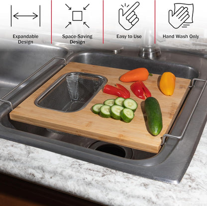 Cutting Board with Strainer - 2 in 1 Adjustable Bamboo Chopping Board with Removable Stainless Steel Colander for Over the Sink