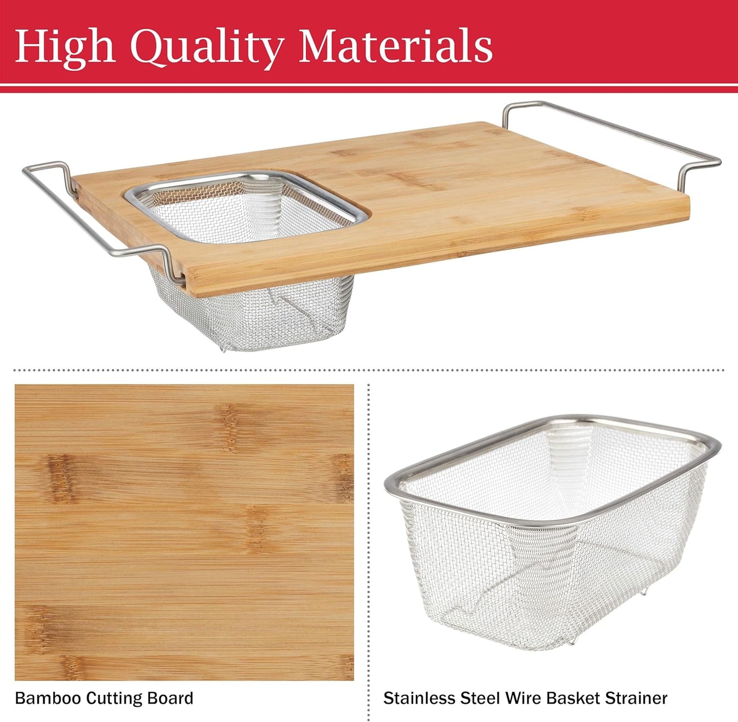 Cutting Board with Strainer - 2 in 1 Adjustable Bamboo Chopping Board with Removable Stainless Steel Colander for Over the Sink