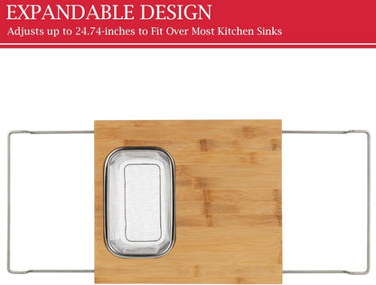 Cutting Board with Strainer - 2 in 1 Adjustable Bamboo Chopping Board with Removable Stainless Steel Colander for Over the Sink