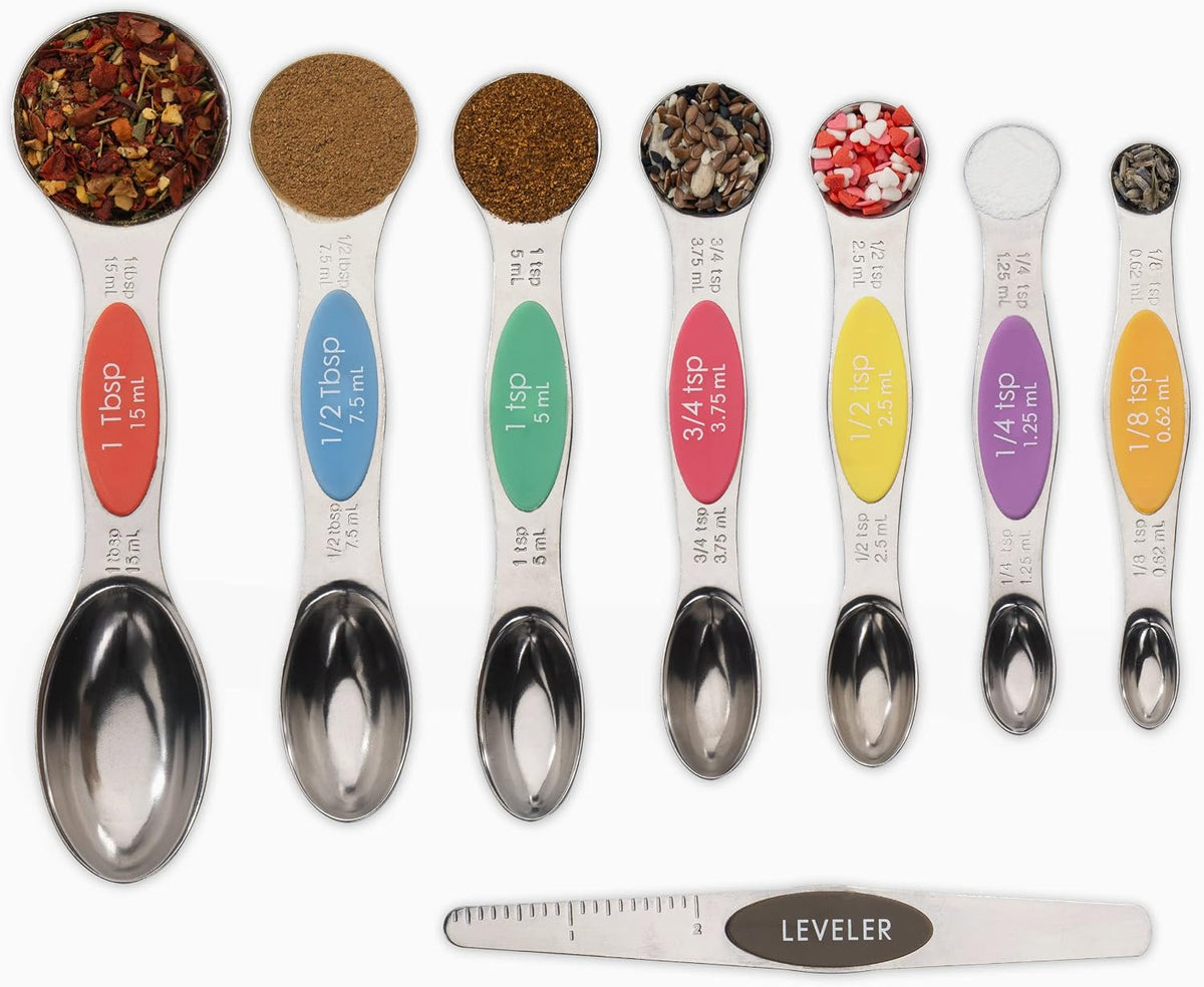 Magnetic Measuring Spoons Set of 8 Stainless Steel Etched Dual Sided Stackable Engraved Nesting Teaspoons Tablespoons for Measuring Dry and Liquid Ingredients (Multicolor)