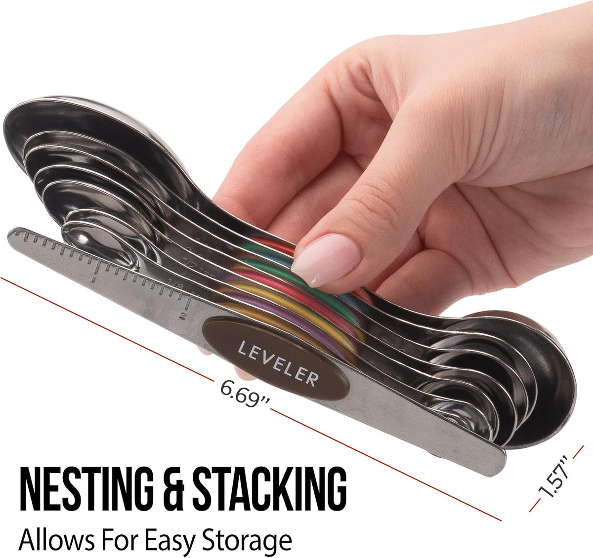 Magnetic Measuring Spoons Set of 8 Stainless Steel Etched Dual Sided Stackable Engraved Nesting Teaspoons Tablespoons for Measuring Dry and Liquid Ingredients (Multicolor)