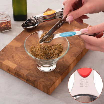 Magnetic Measuring Spoons Set of 8 Stainless Steel Etched Dual Sided Stackable Engraved Nesting Teaspoons Tablespoons for Measuring Dry and Liquid Ingredients (Multicolor)