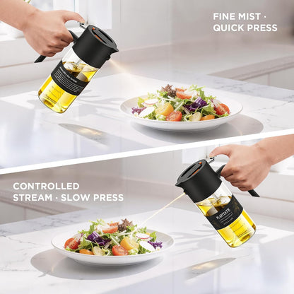 2Pcs 17oz Premium Olive Oil Sprayer for Cooking, 2 in 1 Glass Olive Oil Dispenser Bottle for Kitchen Gadgets, Spray Bottle with Portion Control for Salad, Frying, BBQ (2 Black)