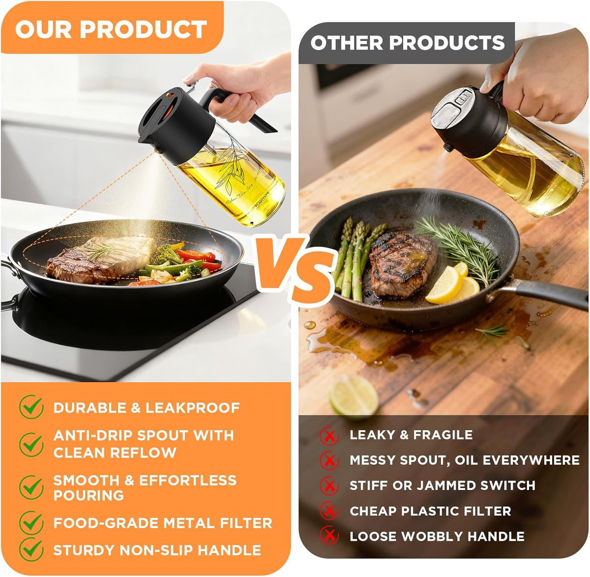 2Pcs 17oz Premium Olive Oil Sprayer for Cooking, 2 in 1 Glass Olive Oil Dispenser Bottle for Kitchen Gadgets, Spray Bottle with Portion Control for Salad, Frying, BBQ (2 Black)