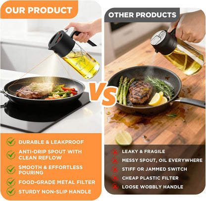 2Pcs 17oz Premium Olive Oil Sprayer for Cooking, 2 in 1 Glass Olive Oil Dispenser Bottle for Kitchen Gadgets, Spray Bottle with Portion Control for Salad, Frying, BBQ (2 Black)