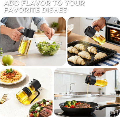 2Pcs 17oz Premium Olive Oil Sprayer for Cooking, 2 in 1 Glass Olive Oil Dispenser Bottle for Kitchen Gadgets, Spray Bottle with Portion Control for Salad, Frying, BBQ (2 Black)