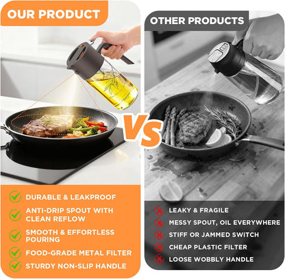 2Pcs 17oz Premium Olive Oil Sprayer for Cooking, 2 in 1 Glass Olive Oil Dispenser Bottle for Kitchen Gadgets, Spray Bottle with Portion Control for Salad, Frying, BBQ (2 Black)