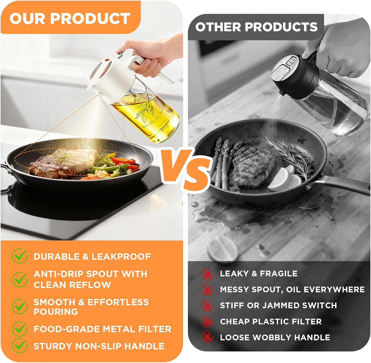 2Pcs 17oz Premium Olive Oil Sprayer for Cooking, 2 in 1 Glass Olive Oil Dispenser Bottle for Kitchen Gadgets, Spray Bottle with Portion Control for Salad, Frying, BBQ (2 Black)